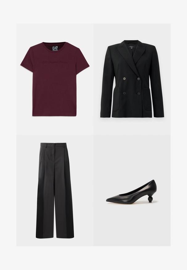 Musta kaksirivinen bleiseri, joka on valmistettu jämäkästä kankaasta ja jossa on asetelmalapelit, kaksi etutaskua ja neljä mustaa nappia.; Burgundin värinen puuvillapaita lyhyillä hihoilla, pyöreällä pääntiellä ja etuosassa kirjailtu EA7 Emporio Armani -logo. Klassinen istuvuus.; Mustat, leveälahkeiset housut korkealla vyötäröllä, etupleiteillä, sileällä pinnalla ja huolitellulla viimeistelyllä. Suunniteltu rentoon istuvuuteen.; Musta nahkakengät korkealla korolla, joissa on terävä kärki ja pyöreä, pallomainen korko. Sileä pinta ja tyylikäs, minimalistinen muotoilu.