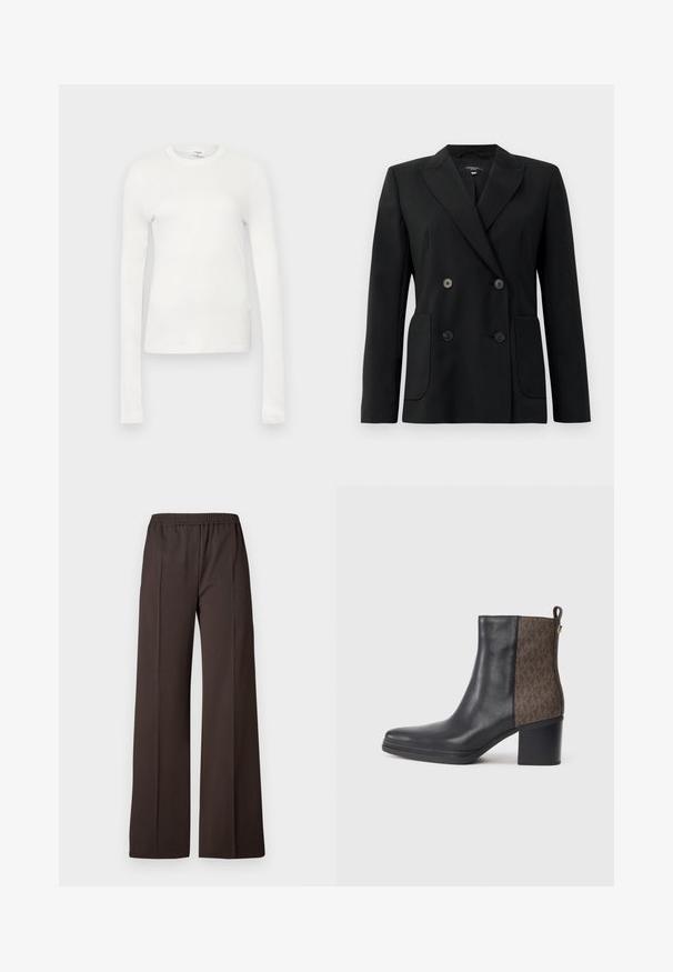 Czarna podwójnie zapinana marynarka z wytrzymałego materiału, z klapami w kształcie klina, dwiema przednimi kieszeniami i czterema czarnymi guzikami.; Biała koszulka z długim rękawem wykonana z miękkiej bawełny. Posiada okrągły dekolt, dopasowany fason i gładką fakturę. Brak wzorów lub akcentów.; Szerokie spodnie w ciemnobrązowym materiale z elastycznym pasem, charakteryzujące się gładką teksturą i czystymi liniami dla dopasowanego wyglądu.; Czarny skórzany kowbojek kostkowy z teksturowanym brązowym wzorem po boku, na słupkowym obcasie i z pętelką do łatwego zakładania.