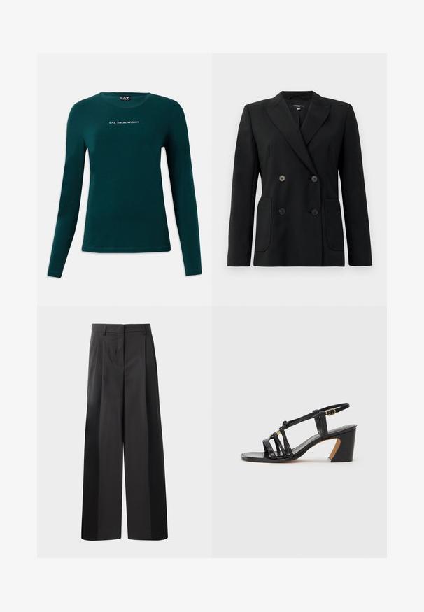 Blazer negru cu două rânduri de nasturi, realizat dintr-un material structurat, având rever cu decupaj, două buzunare frontale și patru nasturi negri.; Cămașă lungă cu mâneci verzi închise, guler rotund, cu logo alb "EA7 Emporio Armani" centrat pe piept, pe un fundal alb.; Pantaloni negri cu talie înaltă, cu picioare largi, având pliseuri frontale, o textură netedă și un finisaj croit. Concepuți pentru o croială relaxată.; Paul Smith AMIRA - Pantofi clasici cu toc - black