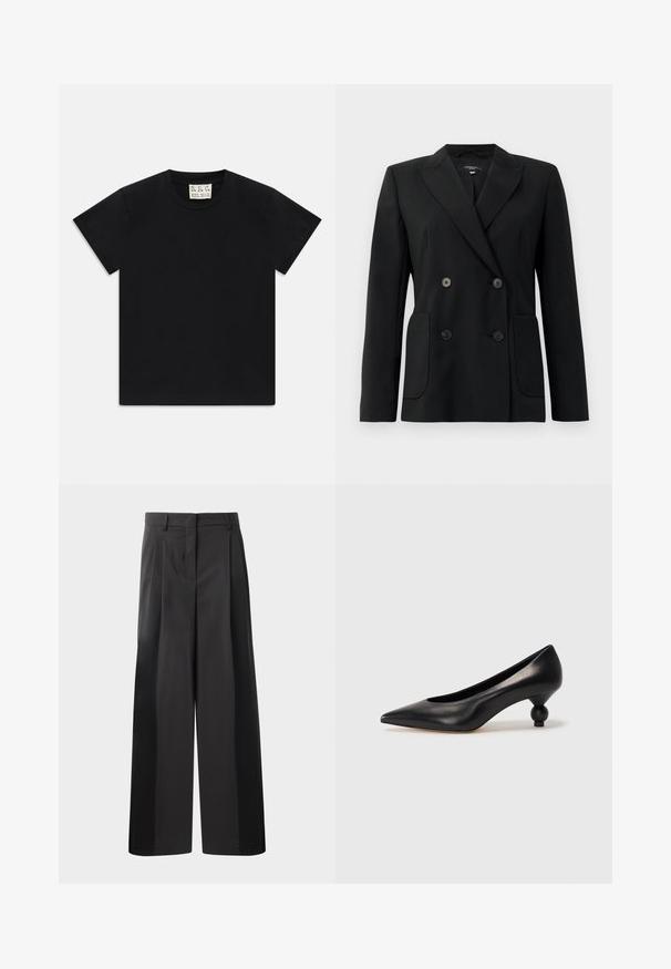 Black double-breasted blazer made of structured fabric, featuring notch lapels, two front pockets, and four black buttons.; Black short-sleeve crew neck t-shirt with a white tag inside the collar labeled "D.R.C. EST. 2002" on a white background.; Black wide-leg trousers with a high waist, featuring front pleats, a smooth texture, and a tailored finish. Designed for a relaxed fit.; Black leather high heel shoe with a pointed toe and a round, balled heel. Smooth texture with a sleek, minimal design.