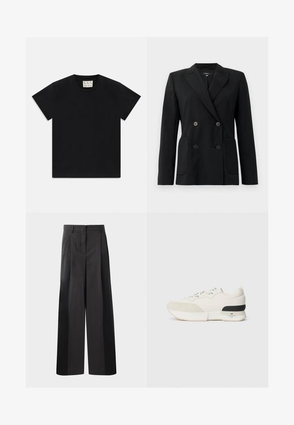 Melnā dubultā jaciņa, kas izgatavota no strukturēta auduma, ar griezumiem pie apkakles, divām priekšējām kabatām un četriem melniem pogām.; Melns īsām piedurknēm kreklus ar balto uzlīmi iekšā apkaklītē, kas apzīmēta ar "D.R.C. EST. 2002" uz baltas fona.; Melni platajā kājās bikses ar augsto jostasvietu, kas ar priekšējiem krokām, gludu tekstūru un pielāgotu apdari. Veidotas relaksētai piegrieztei.; Baltie kedas ar teksturētu zamšādu purngalu, gludu acu auduma augšdaļu, dekoratīvu auklu un melnu gumijas papēža akcentu.