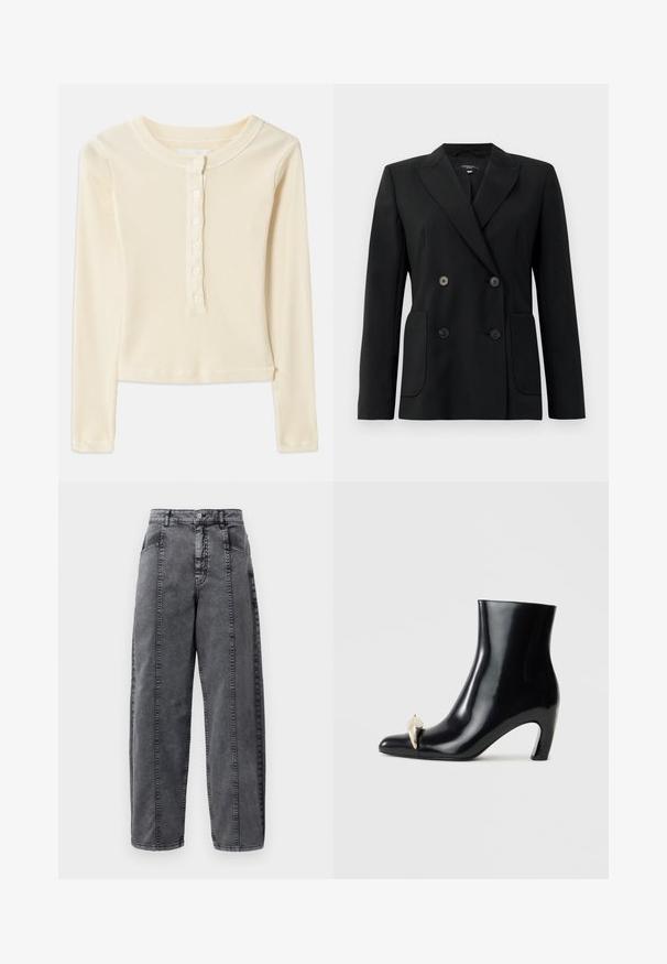 Musta kaksirivinen bleiseri, joka on valmistettu jämäkästä kankaasta ja jossa on asetelmalapelit, kaksi etutaskua ja neljä mustaa nappia.; Vaaleankeltainen, kohokuvioitu pitkähihaisessa paidassa on pyöreä pääntie ja kuusi napin suljinta edessä. Siinä on lyhyeksi leikattu helma ja pehmeä rakenne.; Korkeavyötäröiset harmaat pesemättömät farkut, joissa on etu- ja sivutaskut, nappikiinnitys ja näkyvät pystysaumurivit.; Mustat nilkkurit, jotka on valmistettu kiiltävästä nahasta, ja joissa on terävä kärki sekä koristeellinen kultainen ja hopeinen aksentti edessä. Laiton korko.