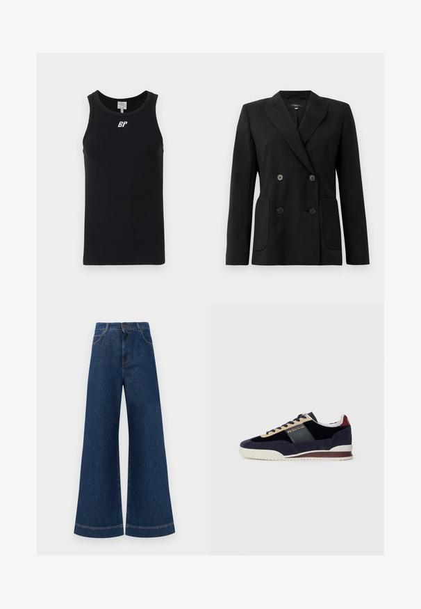 Čierny dvojradový blejzer vyrobený z pevnej látky, s klopami, dvoma prednými vreckami a štyrmi čiernymi gombíkmi.; Čierny bezrukávový top vyrobený z rebrovanej látky, s okrúhlym výstrihom a bielym logom na hrudi. Jednoduchý dizajn bez vzorov.; Modré denimové nohavice so širokými nohavicami a vysokým pásom, ktoré majú gombíkový zapínanie, pútka na opasok a jemné švy pozdĺž vreciek a lemov.; Námornícke zamatové tenisky s béžovými a tmavomodrými akcentmi. Majú bielu gumovú podrážku a zlaté značkovanie na boku. Klasický atletický dizajn.