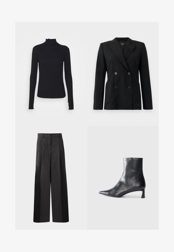 Zwarte dubbelgebreide blazer van gestructureerde stof, met notch revers, twee voord pockets en vier zwarte knopen.; Zwarte langärmelige turtleneck top van soepel stof, met een gerimpelde hals en een aansluitende silhouet met eenvoudige randen.; Zwarte wijde broek met hoge taille, met voorplooien, een gladde textuur en een nette afwerking. Ontworpen voor een ontspannen pasvorm.; Zwarte leren enkellaars met een spitse neus en een slank ontwerp. Heeft een lage hak en een ritssluiting aan de achterkant. Gladde textuur.