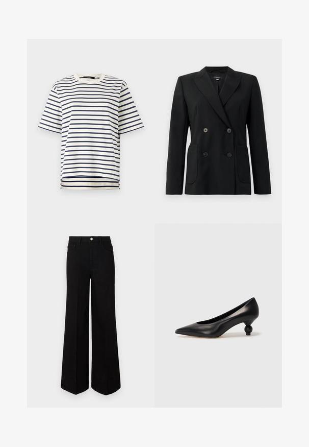 Zwarte dubbelgebreide blazer van gestructureerde stof, met notch revers, twee voord pockets en vier zwarte knopen.; Gestreept T-shirt met marineblauwe horizontale strepen op een crèmekleurige achtergrond, korte mouwen en een ronde halslijn met een rechte zoom.; Zwarte wijde jeans gemaakt van stevig materiaal, met een hoge taille, voorzakken en een knopen sluiting aan de voorkant. Rechte zoom aan de onderkant.; Zwarte leren hoge hak schoen met een spitse neus en een ronde, bolle hak. Gladde textuur met een elegant, minimalistisch ontwerp.