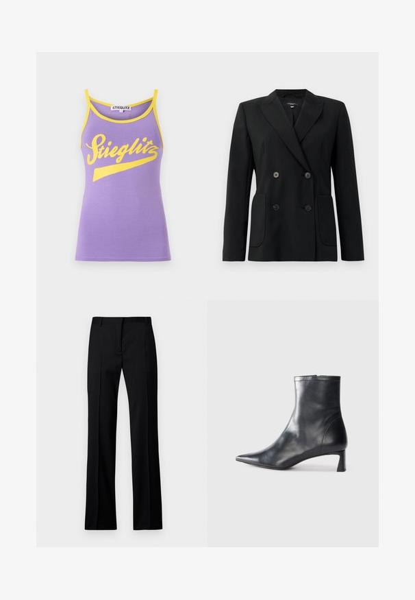 Blazer preto de dupla face feito de tecido estruturado, apresentando lapelas com corte em notch, dois bolsos frontais e quatro botões pretos.; Top de tanque roxo com detalhes amarelos, apresentando um grande logotipo em letras cursivas brancas "Stieglitz". Material de algodão macio, design ajustado.; Calças pretas de perna reta em tecido suave, com frente lisa, passantes para cinto e sem bolsos ou adornos visíveis.; Bota de tornozelo em pele preta com biqueira apontada e um design elegante. Apresenta um salto baixo e um fecho com zipper na parte de trás. Textura suave.