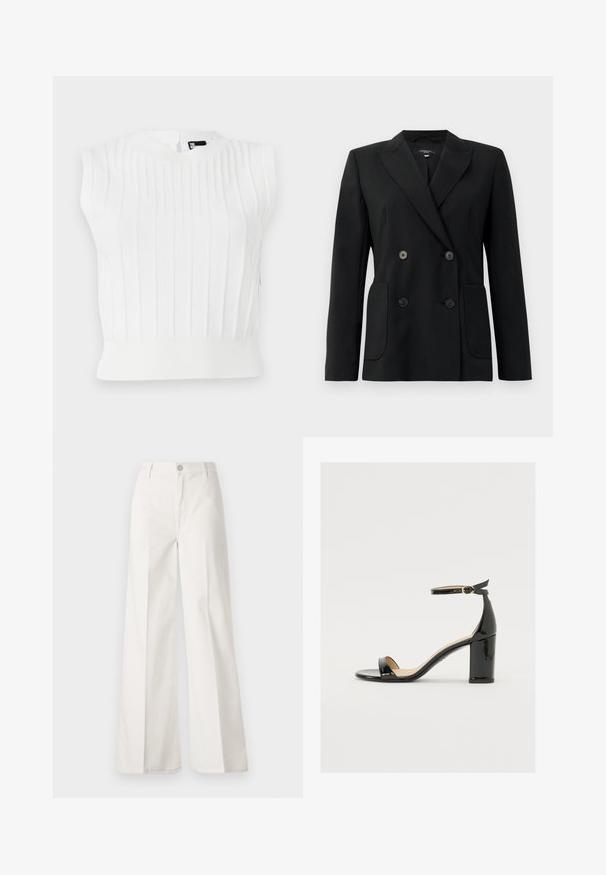 Juodas dvigubas švarkas, pagamintas iš struktūruotos medžiagos, su išpjautomis atlapomis, dviem priekinėmis kišenėmis ir taisyklingais juodais mygtukais.; Balta megzta bešvoriai marškiniai su vertikaliai raibiu tekstūru, apvali iškirpte ir prigludusiu apačiu. Įtrauktas mažas uždarymo detalė nugaroje.; Balti platūs baltos spalvos keliai, pagaminti iš medvilnės su lygiu paviršiumi. Yra priekinis mygtukas, užtrauktukas ir keturi kišenės.; Juodas lakinės odos sandalai su plačiu kulnu, atvira koja ir kulkšnies juostele, turinčia auksinę sagtį. Lygi tekstūra ir elegantiškas dizainas.