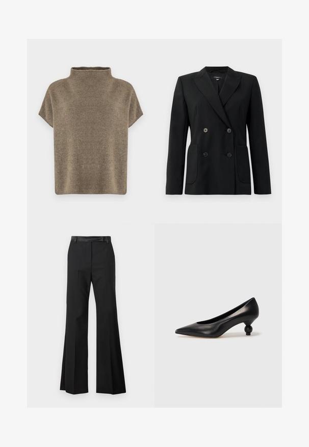 Svart dubbelknäppt blazer i strukturerad tyg, med snedskärning på slag, två framfickor och fyra svarta knappar.; Filippa K XIMENA - T-shirt - bas - moss grey; Svarta utsvängda byxor med en slät tygfinish, med en fast midja och pressade veck för ett skräddarsytt utseende.; Svart läderhögklackad sko med spetsig tå och rund, bollformad klack. Slät yta med en elegant, minimalistisk design.