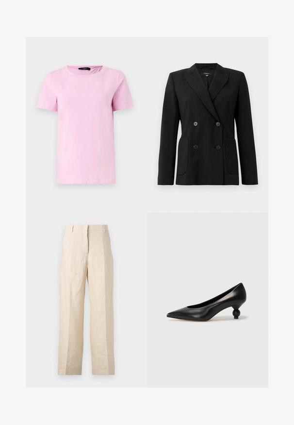 Melnā dubultā jaciņa, kas izgatavota no strukturēta auduma, ar griezumiem pie apkakles, divām priekšējām kabatām un četriem melniem pogām.; Īss rozā kokvilnas T-krekls ar apaļu kakla izgriezumu un īsām piedurknēm, ar gludu tekstūru un vienkāršu dizainu bez redzamām rakstainām detaļām.; Bežīgas lina bikses ar brīvu piegriezumu, krokām priekšā un taisnām kājām. Piedāvā jostu ar cilpiņām un bez redzamām kabatām.; Melnas ādas augstpapēžu kurpes ar smailu purngalu un apaļu papēdi. Gluda tekstūra ar elegantu, minimālistisku dizainu.