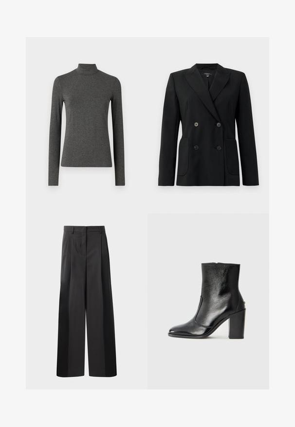 Blazer nero doppiopetto realizzato in tessuto strutturato, con rever a forma di pescante, due tasche frontali e quattro bottoni neri.; Weekend Max Mara MULTIF - Maglietta a manica lunga - grigio scuro; Pantaloni neri a gamba larga con vita alta, caratterizzati da pieghe frontali, una texture liscia e una finitura sartoriale. Progettati per un fit rilassato.; Stivale alla caviglia in pelle nera, con una superficie liscia, punta affilata e tacco alto e massiccio. Presenta una apertura laterale e un design minimalista.