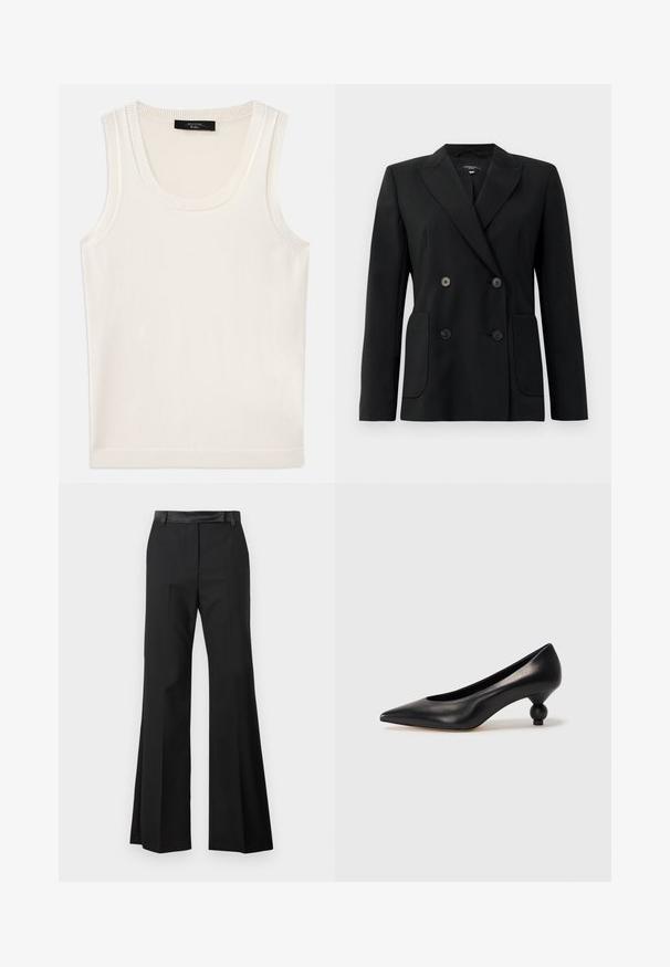 Schwarzer, doppelt gefütterter Blazer aus strukturiertem Stoff, mit Reverskragen, zwei Vordertaschen und vier schwarzen Knöpfen.; Weißes, ärmelloses Tanktop aus weichem Stoff. Hat einen runden Ausschnitt und gerippte Kanten, mit einer glatten Textur und ohne sichtbare Muster.; Schwarze Schlaghosen mit glattem Stofffinish, ausgestattet mit einem festen Bund und gebügelten Falten für ein maßgeschneidertes Aussehen.; Schwarze Leder-Pumps mit spitzem Zehenbereich und runder, ballförmiger Ferse. Glatte Textur mit einem eleganten, minimalistischen Design.