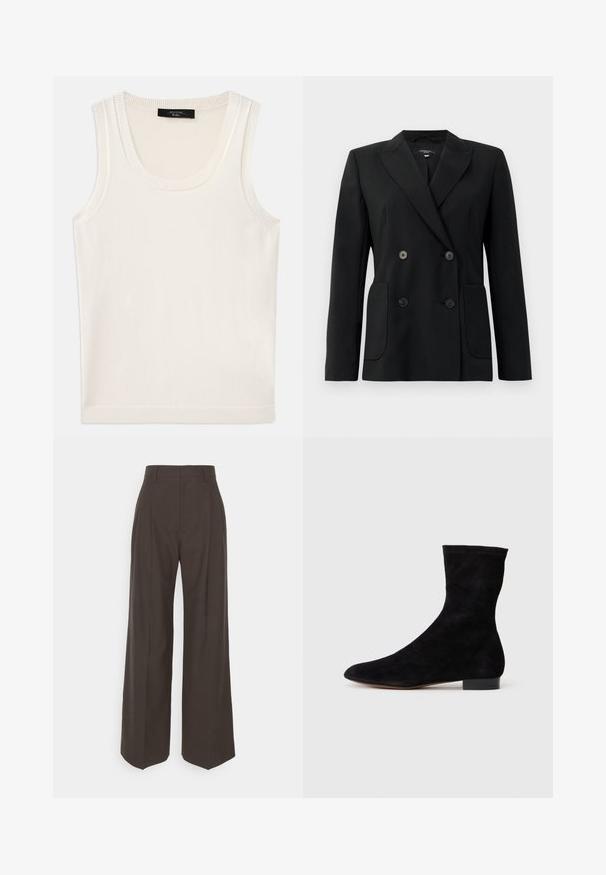 Black double-breasted blazer made of structured fabric, featuring notch lapels, two front pockets, and four black buttons.; White sleeveless tank top made of soft fabric. Features a rounded neck and ribbed edges, with a smooth texture and no visible patterns.; Dark brown wide-leg trousers with a high waist, featuring neatly pressed creases, smooth texture, and a tailored fit.; Black suede ankle boot with a fitted shaft, pointed toe, and a low block heel. Smooth texture and minimalistic design, suitable for versatile styling.