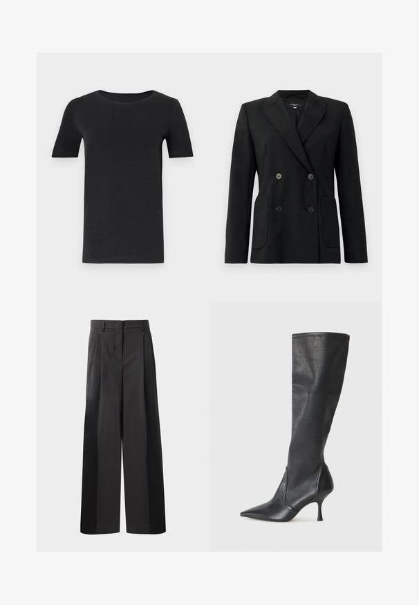 Black double-breasted blazer made of structured fabric, featuring notch lapels, two front pockets, and four black buttons.; Black short-sleeve t-shirt made of soft cotton, with a round neckline and a classic fit. Smooth texture, no patterns or embellishments.; Black wide-leg trousers with a high waist, featuring front pleats, a smooth texture, and a tailored finish. Designed for a relaxed fit.; Knee-high black leather boots with a pointed toe and a slim stiletto heel. Smooth texture with a fitted design and stitching at the top edge.