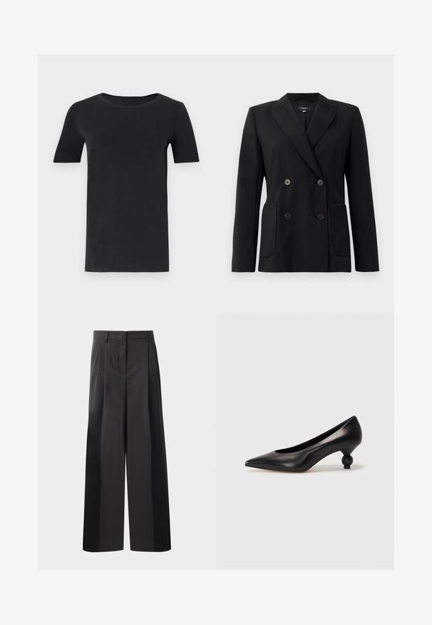 Blazer negru cu două rânduri de nasturi, realizat dintr-un material structurat, având rever cu decupaj, două buzunare frontale și patru nasturi negri.; Tricou negru cu mânecă scurtă, confecționat din bumbac moale, cu un gât rotund și o croială clasică. Textură netedă, fără modele sau broderii.; Pantaloni negri cu talie înaltă, cu picioare largi, având pliseuri frontale, o textură netedă și un finisaj croit. Concepuți pentru o croială relaxată.; Pantofii cu toc înalt din piele neagră, cu vârf ascuțit și toc rotund, mimos. Textură netedă, cu un design elegant și minimalist.