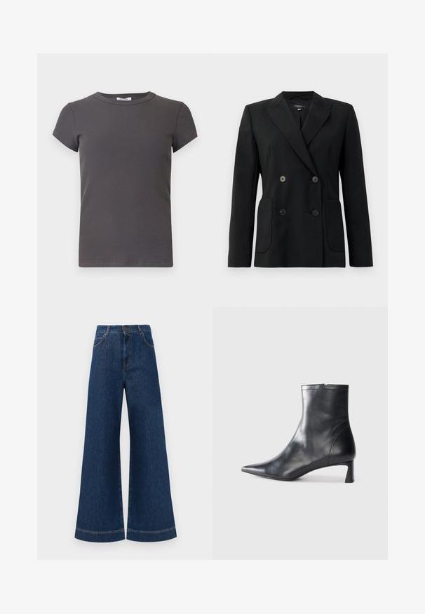Crni dvostruki sako od čvrstog materijala, s reverima, dva prednja džepa i četiri crna dugmeta.; Siva rebrasta majica s kratkim rukavima i okruglim izrezom. Izrađena od mekog materijala, s teksturiranim uzorkom i uskim krojem.; Široke plave traperice s visokim strukom, s kopčanjem na gumbe, petljama za remen i suptilnim detaljima šavova duž džepova i rubova.; Crne kožne gležnjače s uskim vrhom i elegantnim dizajnom. Imaju niski potpetak i zatvaranje na patentni zatvarač straga. Glatka tekstura.