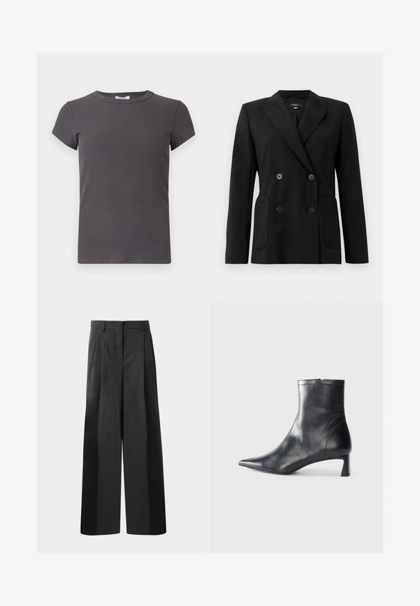 Black double-breasted blazer made of structured fabric, featuring notch lapels, two front pockets, and four black buttons.; Grey ribbed short-sleeve t-shirt with a round neckline. Made of soft fabric, featuring a textured pattern and a fitted silhouette.; Black wide-leg trousers with a high waist, featuring front pleats, a smooth texture, and a tailored finish. Designed for a relaxed fit.; Black leather ankle boot with a pointed toe and a sleek design. Features a low heel and a zipper closure at the back. Smooth texture.
