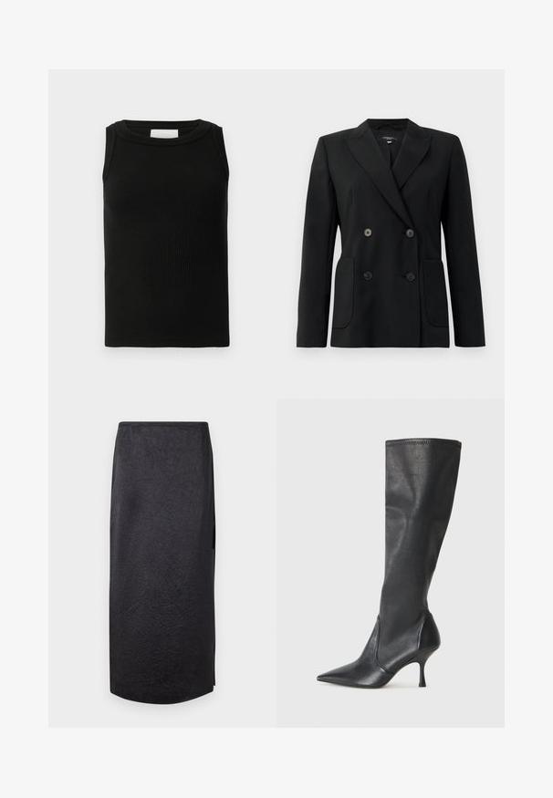 Juodas dvigubas švarkas, pagamintas iš struktūruotos medžiagos, su išpjautomis atlapomis, dviem priekinėmis kišenėmis ir taisyklingais juodais mygtukais.; Juodas juostuotas maikė, pagaminta iš minkštos medžiagos, su apvalia iškerpė ir be rankovių dizainu. Paprasta ir universali forma.; Juoda midi sijonas su suplėšyta tekstūra, tiesaus kirpimo ir šoniniu plyšiu. Medžiaga atrodo lengva. Hemas šiek tiek užapvalintas.; Juodų odinių batų iki kelių su smailiu pirštu ir plonu stiletto kulnu. Lygus paviršius, pritaikytas dizainas ir siuvimas viršutiniame krašte.