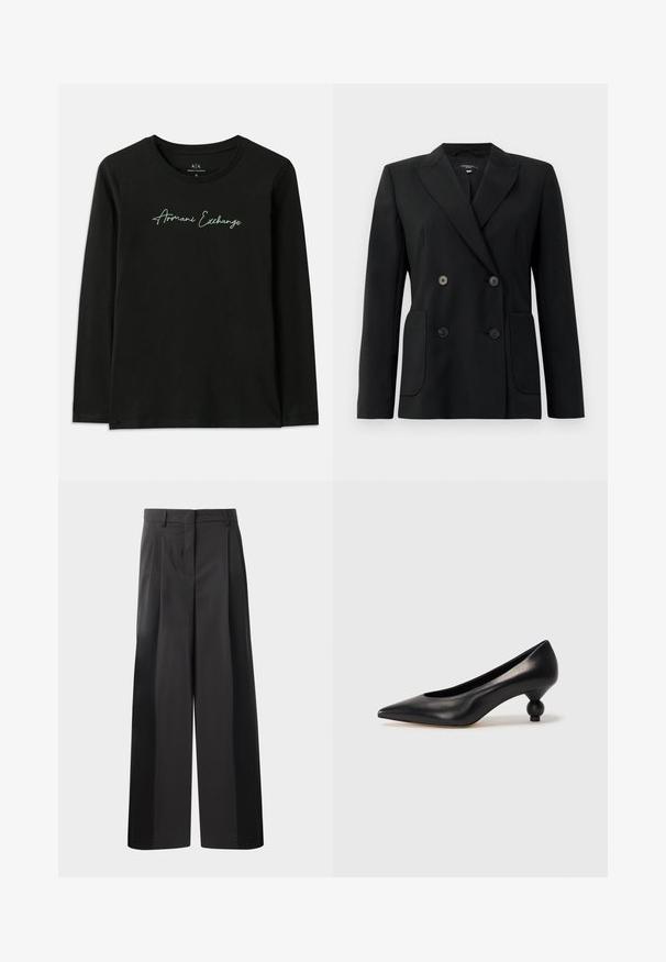 Mustvalge topeltkinnitatud bleiser, mis on valmistatud jäigast kangast, millel on kraed, kaks esist pocketit ja neli musta nööpi.; Must musta varrukatega T-särk, mis on valmistatud puuvillast ja millel on ümmargune kaelus. Esiküljel on roheline tikitud "Armani Exchange" logo.; Mustad laiad püksid kõrge vöökohaga, millel on ees voldid, sile tekstuur ja õmmeldud viimistlus. Kujundatud lõdva istuvuse saavutamiseks.; Must musta kõrge kontsaga king, millel on terav nina ja ümar, pallikujuline konts. Sile pind ja elegantne, minimalistlik disain.