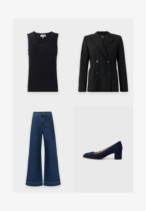 Black double-breasted blazer made of structured fabric, featuring notch lapels, two front pockets, and four black buttons.; Black ribbed tank top with a round neckline, scalloped edges, and subtle "PJ" embroidery at the center. Made from soft fabric.; Wide-leg blue denim jeans with a high waist, featuring a button closure, belt loops, and subtle stitching details along the pockets and hems.; Navy blue suede pump with a pointed toe and a mid-height block heel. Smooth texture with a subtle sheen and a small cutout at the front.
