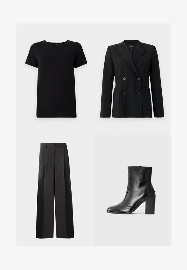 Blazer noir croisé en tissu structuré, avec des revers en pointe, deux poches avant et quatre boutons noirs.; T-shirt noir en coton doux, avec un col rond et des manches courtes, présentant un design simple et sans coutures. Sans motifs ni accents.; Pantalon large noir avec une taille haute, doté de plis avant, d'une texture lisse et d'une finition ajustée. Conçu pour un ajustement décontracté.; Bottine en cuir noir, avec une texture lisse, un bout pointu et un talon chunky haut. Présente une ouverture sur le côté et un design minimaliste.