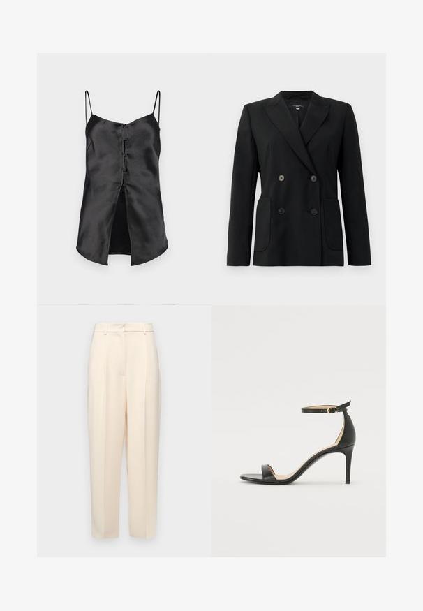 Blazer nero doppiopetto realizzato in tessuto strutturato, con rever a forma di pescante, due tasche frontali e quattro bottoni neri.; Camisola in satin nera con sottili spalline, dotata di una parte anteriore con bottoni e orlo spaccato per un tocco in più. Texture liscia e design minimalista.; Pantaloni beige su misura con vestibilità dritta, caratterizzati da pieghe davanti, una texture liscia e vita a media altezza. Senza tasche visibili.; Sandal in pelle nera con tacco alto e cinturino alla caviglia. Caratteristiche: texture liscia, punta aperta e tacco sottile. Dettaglio con fibbia tono oro.
