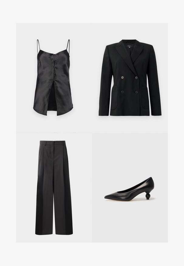 Schwarzer, doppelt gefütterter Blazer aus strukturiertem Stoff, mit Reverskragen, zwei Vordertaschen und vier schwarzen Knöpfen.; Schwarzes Satin-Camisole mit dünnen Trägern, das eine durchgehende Knopfleiste und einen gespaltenen Saum für zusätzlichen Detail bietet. Glatte Textur und minimalistisches Design.; Schwarze, weit geschnittene Hose mit hoher Taille, versehen mit Frontfalten, einer glatten Textur und einem maßgeschneiderten Finish. Entworfen für eine lockere Passform.; Schwarze Leder-Pumps mit spitzem Zehenbereich und runder, ballförmiger Ferse. Glatte Textur mit einem eleganten, minimalistischen Design.