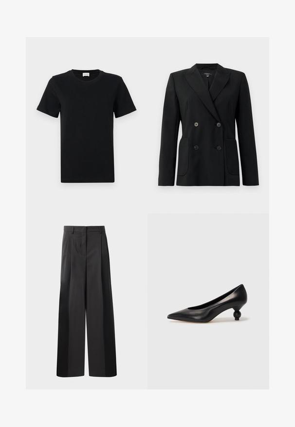 Juodas dvigubas švarkas, pagamintas iš struktūruotos medžiagos, su išpjautomis atlapomis, dviem priekinėmis kišenėmis ir taisyklingais juodais mygtukais.; Juodas medvilnės marškinėliai trumpomis rankovėmis su apvalia iškirpte, pasižymintys subtiliu logotipo detalėmis apatiniame priekyje ir tiesiu apdailos kraštu.; Juodos plačios kelnės su aukštu liemeniu, su priekinėmis raukšlėmis, glotnia tekstūra ir pritaikytu apdailos stiliumi. Sukurtos laisvam sėdėjimui.; Juoda odinė aukštakulnė bateliai su smailiu pirštu ir apvaliu, iškiliu kulnu. Lygus paviršius su elegantišku, minimalistiniu dizainu.