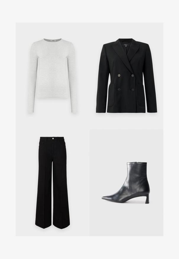 Black double-breasted blazer made of structured fabric, featuring notch lapels, two front pockets, and four black buttons.; Long-sleeve gray ribbed knit top, round neckline, fitted silhouette, smooth texture, with no visible logos or embellishments.; Black wide-leg jeans made of sturdy fabric, featuring a high waist, front pockets, and a front button closure. Flat hem at the bottom.; Black leather ankle boot with a pointed toe and a sleek design. Features a low heel and a zipper closure at the back. Smooth texture.