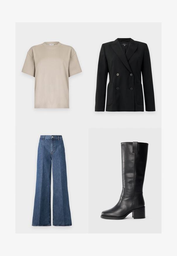 Blazer nero doppiopetto realizzato in tessuto strutturato, con rever a forma di pescante, due tasche frontali e quattro bottoni neri.; T-shirt in cotone beige con collo rotondo, maniche corte e vestibilità rilassata. Texture liscia, design minimalista, senza pattern o dettagli.; Jeans in denim blu a gamba larga con vita alta, caratterizzati da un classico stile a cinque tasche e chiusura con bottone, realizzati in tessuto di cotone testurizzato.; Stivali al ginocchio in pelle nera con una texture liscia, punta quadrata, tacco a blocco e linguetta laterale, caratterizzati da dettagli di cucitura minimi.