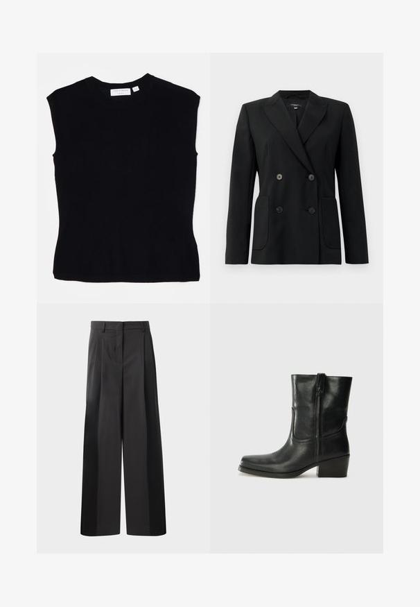 Juodas dvigubas švarkas, pagamintas iš struktūruotos medžiagos, su išpjautomis atlapomis, dviem priekinėmis kišenėmis ir taisyklingais juodais mygtukais.; Juoda be rankovių palaidinė, pagaminta iš megztos medžiagos, su apvaliu iškirpimu ir prisitaikančiu siluetu, švelnaus tekstūros. Etiketė nugarinėje pusėje.; Juodos plačios kelnės su aukštu liemeniu, su priekinėmis raukšlėmis, glotnia tekstūra ir pritaikytu apdailos stiliumi. Sukurtos laisvam sėdėjimui.; Juodi odiniai aulinukai iki kulkšnies su apvali nosimi, blokuotais kulnais, šonine užtrauktuku ir siuvimo akcentais ant viršutinės dalies. Lygi tekstūra, klasikinis dizainas.