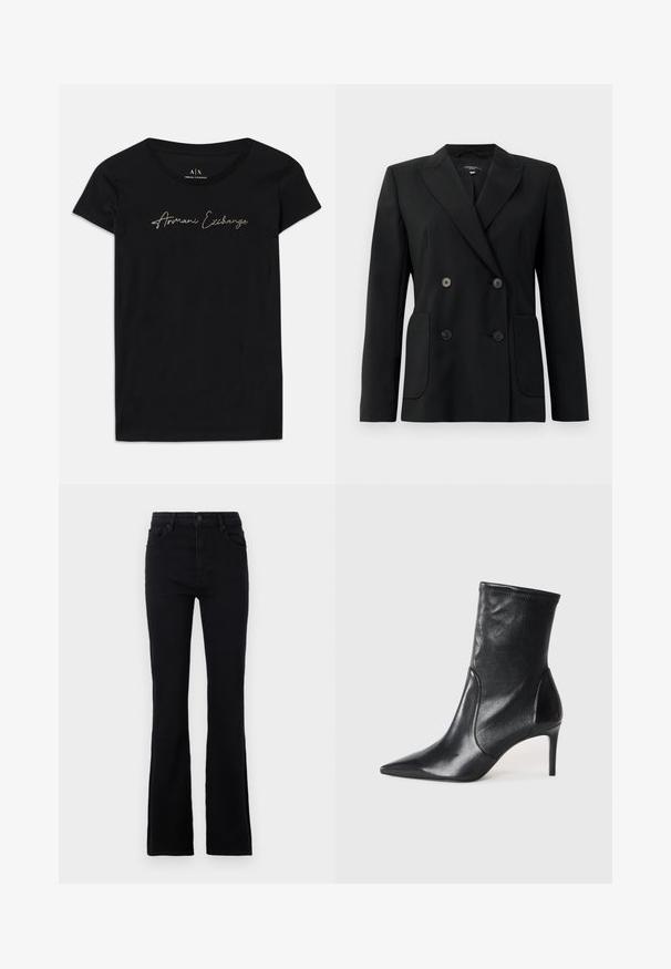 Melnā dubultā jaciņa, kas izgatavota no strukturēta auduma, ar griezumiem pie apkakles, divām priekšējām kabatām un četriem melniem pogām.; Melnas īsām piedurknēm T-krekls, izgatavots no kokvilnas, ar zelta rotājumiem izšītu logotipu "Armani Exchange" uz krūškurvja.; Melnas platās džinses, izgatavotas no kokvilnas maisījuma auduma. Aprīkotas ar pogu aizdari, jostām un divām priekšējām kabatām praktiskai lietošanai.; Melnas potītes zābakus, kas izgatavoti no gludas ādas, ar norādītu purngaliņu, pieguļošu kāju un šauru augstu papēdi. Minimalistisks dizains bez redzamiem aksesuāriem.