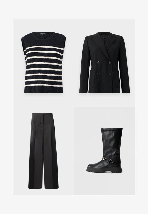 Black double-breasted blazer made of structured fabric, featuring notch lapels, two front pockets, and four black buttons.; rag & bone JEN STRIPE TANK - Top - black; Black wide-leg trousers with a high waist, featuring front pleats, a smooth texture, and a tailored finish. Designed for a relaxed fit.; Black knee-high boots made of smooth leather, featuring a buckle accent on the side and a thick, textured sole for grip.