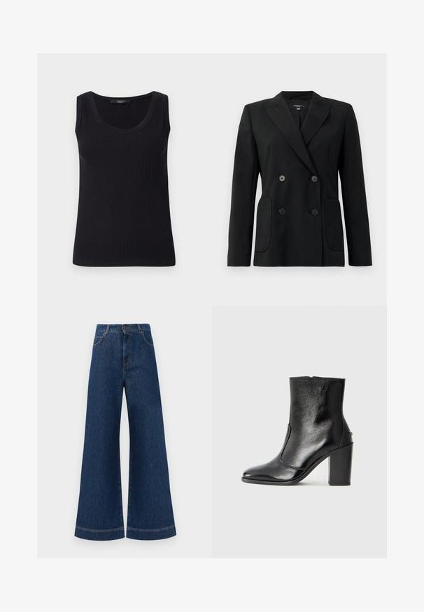 Schwarzer, doppelt gefütterter Blazer aus strukturiertem Stoff, mit Reverskragen, zwei Vordertaschen und vier schwarzen Knöpfen.; Schwarzes geripptes Tanktop mit runder Ausschnitt, ärmellosem Design und taillierter Form. Glatte Textur und leicht elastisch.; Weite blaue Jeans aus Denim mit hoher Taille, ausgestattet mit einem Knopfverschluss, Gürtelschlaufen und dezenten Stichdetails an den Taschen und Säumen.; Schwarze Leder-Stiefelette mit glatter Textur, spitzem Fuß und klobigem hohen Absatz. Verfügt über eine seitliche Öffnung und ein minimalistisches Design.