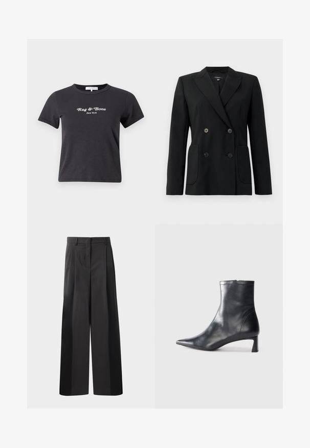 Blazer preto de dupla face feito de tecido estruturado, apresentando lapelas com corte em notch, dois bolsos frontais e quatro botões pretos.; rag & bone MINI SCRIPT TEE - T-shirt estampada - black mult; Calças largas pretas com cintura alta, apresentando pregas frontais, uma textura suave e um acabamento cuidado. Desenvolvidas para um ajuste relaxado.; Bota de tornozelo em pele preta com biqueira apontada e um design elegante. Apresenta um salto baixo e um fecho com zipper na parte de trás. Textura suave.