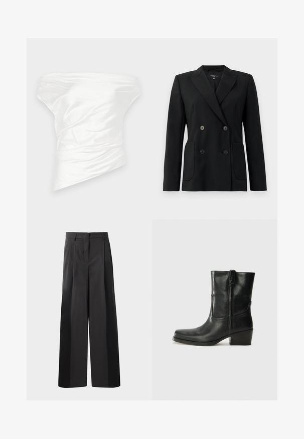 Black double-breasted blazer made of structured fabric, featuring notch lapels, two front pockets, and four black buttons.; White off-the-shoulder top made of smooth satin fabric, featuring draped, structured design with an asymmetrical hemline.; Black wide-leg trousers with a high waist, featuring front pleats, a smooth texture, and a tailored finish. Designed for a relaxed fit.; Black leather ankle boot with a rounded toe, block heel, side zipper, and stitching accents on the vamp. Smooth texture, classic design.