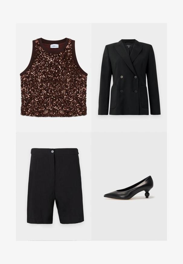 Juodas dvigubas švarkas, pagamintas iš struktūruotos medžiagos, su išpjautomis atlapomis, dviem priekinėmis kišenėmis ir taisyklingais juodais mygtukais.; Kavos spalvos, blizgučiais papuošta be rankovių palaidinė, kurios kraštai apjungti lygia rudai spalva, o priekyje blizga vario akcentai.; Juodi šortai, pagaminti iš lengvos medžiagos, pritaikyti dizainu su mygtukine priekyje, plokščiu liemeniu ir tiesiomis kojomis.; Juoda odinė aukštakulnė bateliai su smailiu pirštu ir apvaliu, iškiliu kulnu. Lygus paviršius su elegantišku, minimalistiniu dizainu.