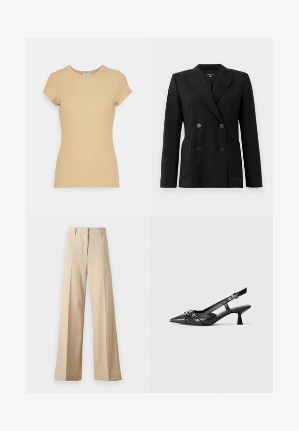Blazer preto de dupla face feito de tecido estruturado, apresentando lapelas com corte em notch, dois bolsos frontais e quatro botões pretos.; Filippa K FINE TEE - T-shirt básica - sand beige; Calças largas bege feitas de tecido suave, com frente plana com pregas, fecho de correr e passantes para cinto. Ajuste entalhado no geral.; Sapato slingback em couro preto com biqueira fina, tiras decorativas com ilhós de metal e um pequeno salto quadrado. Superfície texturizada.