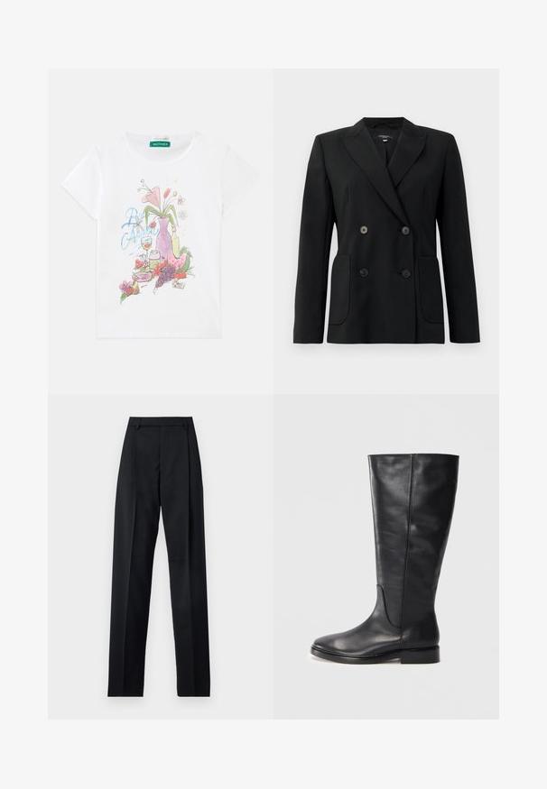 Juodas dvigubas švarkas, pagamintas iš struktūruotos medžiagos, su išpjautomis atlapomis, dviem priekinėmis kišenėmis ir taisyklingais juodais mygtukais.; Baltas trumpas rankovės marškinėliai su spalvinga grafika, vaizduojančia vazą su gėlėmis, vaisiais, gėrimo taure ir vynuogėmis priekyje.; Juodos kelnės iš lygaus audinio, pasižyminčios aukštu liemeniu, plačiomis kojomis, priekinėmis klostėmis ir klasikiais diržo kilpomis. Šoninių kišenių nematyti.; Juoda virš kelių siekianti odinė batai su žemu kulnu ir apvaliu pirštu, rodančiu siuvimo detales palei liemenį ir viršų.