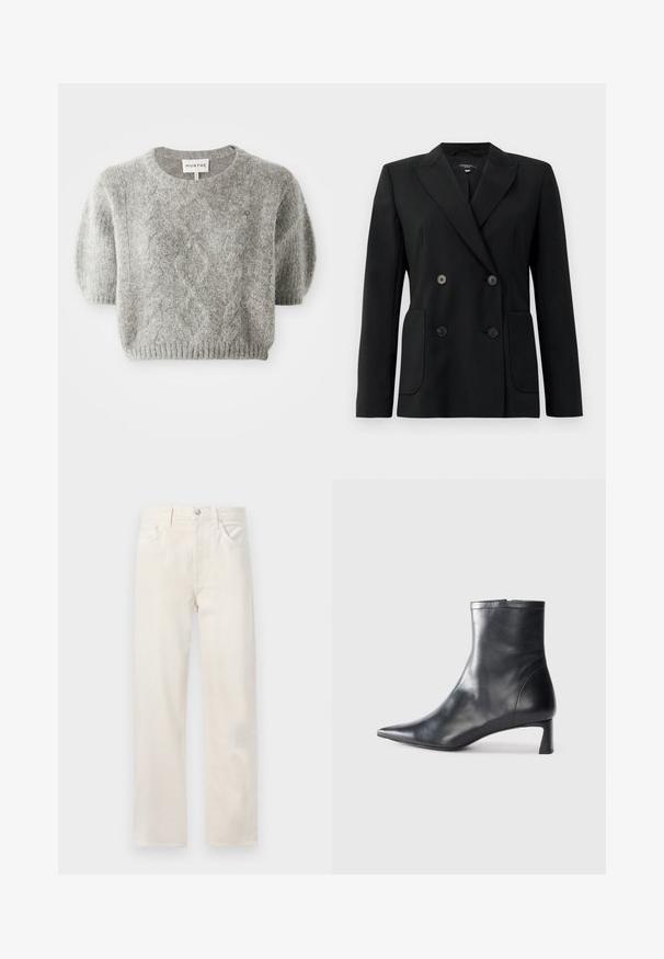 Crni dvostruki sako od čvrstog materijala, s reverima, dva prednja džepa i četiri crna dugmeta.; Sivi kratki pulover s kratkim rukavima, s uzorkom pletenice i rebrastim rubom. Izrađen od mekog, teksturiranog materijala. Oznaka branda vidljiva je na vratu.; Krem-bež traperice ravnog kroja s pet džepova, petljama za remen te zatvaranjem na gumb i patentni zatvarač na struku.; Crne kožne gležnjače s uskim vrhom i elegantnim dizajnom. Imaju niski potpetak i zatvaranje na patentni zatvarač straga. Glatka tekstura.