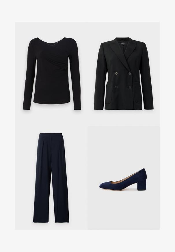 Melnā dubultā jaciņa, kas izgatavota no strukturēta auduma, ar griezumiem pie apkakles, divām priekšējām kabatām un četriem melniem pogām.; Melna garenapaka topi ar V-veida kaklu un drapētu priekšpusi, izgatavota no mīksta auduma. Gluda tekstūra ar pieguļošu siluetu.; Jūras spēku plaša kāju bikses ar krokām, izgatavotas no mīkstas auduma. Tām ir gluda josta un neizšuvums dizains, kas nodrošina daudzpusīgu valkāšanu.; Tumši zili zamšādas kurpes ar norādītu degunu un vidēja augstuma blokveida papēdi. Gluda tekstūra ar smalku spīdumu un nelielu izgriezumu priekšā.