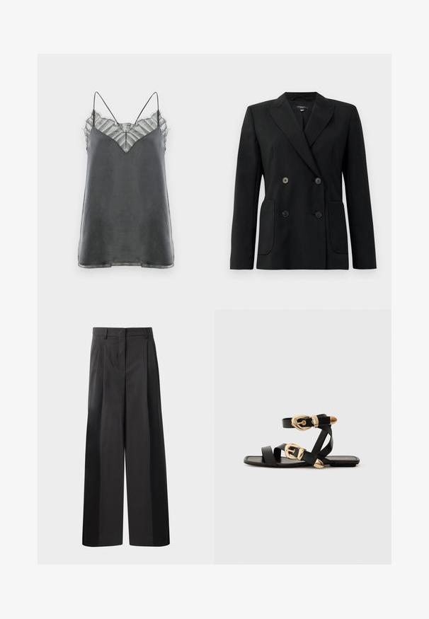 Sort dobbeltradet blazer lavet af struktureret stof, med klapkrave, to forlommer og fire sorte knapper.; Satin grå camisole med tynde spaghetti-stropper og et gennemsigtigt, stribet blonderoverlæg ved halsudskæringen, som har et V-formet design.; Sort brede bukser med høj talje, med folder foran, en glat tekstur og en skræddermæssig finish. Designet til en afslappet pasform.; Sorte lædersandaler med guldspænde detaljer, der har flere stropper og et fladt såldesign til åbne tåer.