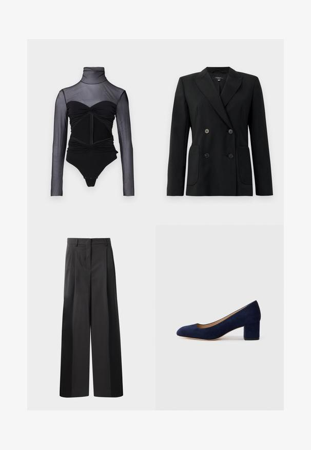 Blazer noir croisé en tissu structuré, avec des revers en pointe, deux poches avant et quatre boutons noirs.; Bodysuit noir avec un haut en manches longues transparentes. Comprend un col montant, des détails froncés et une fermeture éclair à l'avant. Tissu lisse avec un design ajusté.; Pantalon large noir avec une taille haute, doté de plis avant, d'une texture lisse et d'une finition ajustée. Conçu pour un ajustement décontracté.; Escarpin en daim bleu marine avec un bout pointu et un talon bloc de hauteur intermédiaire. Texture lisse avec un subtil éclat et une petite découpe à l'avant.