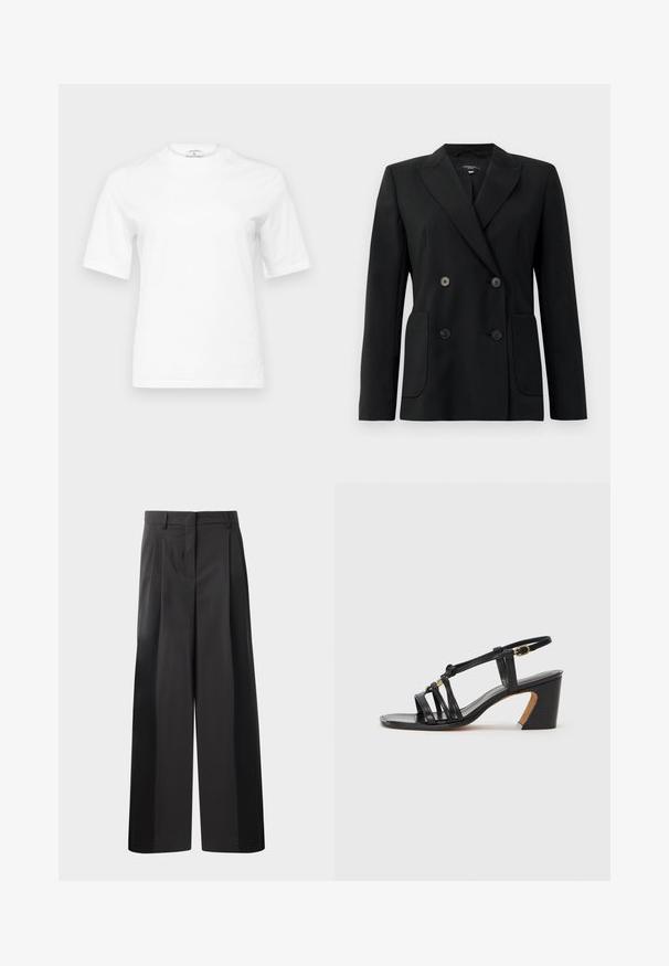 Black double-breasted blazer made of structured fabric, featuring notch lapels, two front pockets, and four black buttons.; White cotton t-shirt with a round neckline and short sleeves. Features a straight fit and minimalistic design. No patterns or accents.; Black wide-leg trousers with a high waist, featuring front pleats, a smooth texture, and a tailored finish. Designed for a relaxed fit.; Paul Smith AMIRA - Classic heels - black