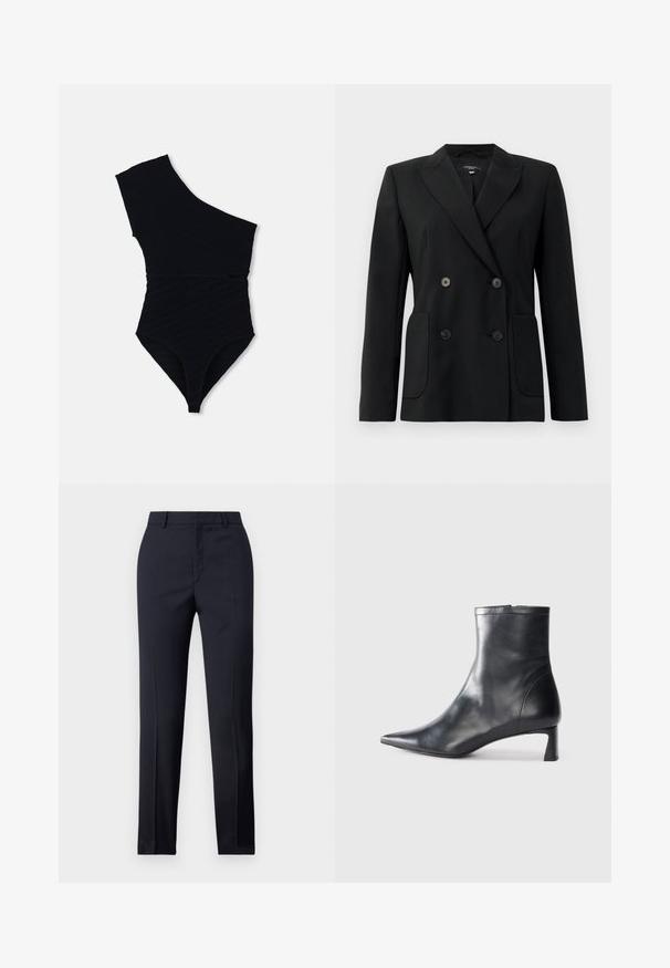 Črn dvoredni blazer iz strukturirane tkanine, z ovratnikom tipa notch, dvema sprednjima žepoma in štirimi črnimi gumbi.; Črno enodelno kopalke z enojnim ramenskim dizajnom, teksturirano rebrasto tkanino, visoko izrezanimi nogami in prilegajočim se silhuetom.; Zadnje hlače v mornarično modri barvi s ravnim krojem, ki imajo gladko teksturo, dve sprednji žepki in čisto pasnico.; Črne usnjene gležnjarje s šiljastim nosom in elegantnim dizajnom. Imajo nizko peto in zadrgo na zadnji strani. Gladka tekstura.