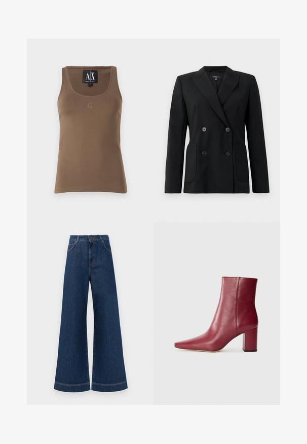 Blazer preto de dupla face feito de tecido estruturado, apresentando lapelas com corte em notch, dois bolsos frontais e quatro botões pretos.; Camisola sem mangas em algodão castanho com decote em bico, costura nas laterais e um pequeno logótipo bordado no peito. Textura suave.; Jeans azul de perna larga com cintura alta, apresentando um fecho de botão, passantes para cinto e detalhes de costura discretos ao longo dos bolsos e das bainhas.; Bota de tornozelo em couro bordô com bico afiado, salto bloco e textura suave, apresentando um design sem emendas e sem hardware visível.