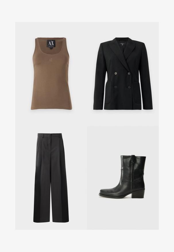 Blazer negro de doble botonadura, hecho de una tela estructurada, con solapas de muesca, dos bolsillos frontales y cuatro botones negros.; Top de algodón marrón sin mangas con un escote redondeado, costuras en los laterales y un pequeño logo bordado en el pecho. Textura suave.; Pantalones de pierna ancha negros con cintura alta, que presentan pliegues en la parte delantera, una textura suave y un acabado a medida. Diseñados para un ajuste relajado.; Botín negro de cuero hasta el tobillo con punta redondeada, tacón cuadrado, cremallera lateral y detalles de costura en el empeine. Textura suave, diseño clásico.