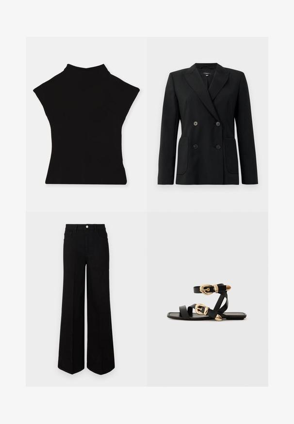 Juodas dvigubas švarkas, pagamintas iš struktūruotos medžiagos, su išpjautomis atlapomis, dviem priekinėmis kišenėmis ir taisyklingais juodais mygtukais.; Tiger of Sweden ALITTA - Paprasti marškinėliai - black; Juodi plačiakojai džinsai, pagaminti iš tvirto audinio, su aukštu juosmeniu, priekinėmis kišenėmis ir priekiniais mygtukais. Lygus hem pastatytoje apačioje.; Juodos odinės šlepetės su auksiniais sagtelėmis, turinčios daugybę dirželių ir plokščią padą, skirtos atviriems pirštams.