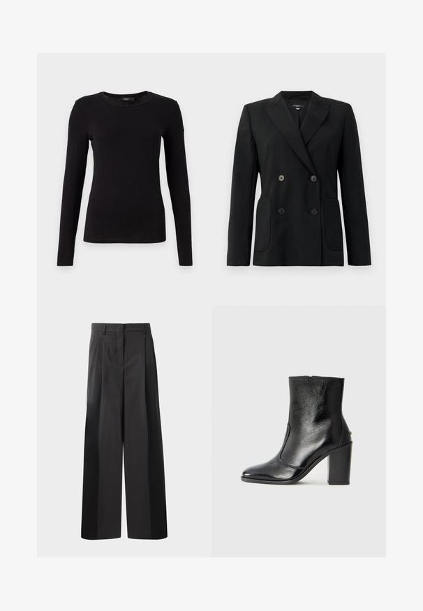 Schwarzer, doppelt gefütterter Blazer aus strukturiertem Stoff, mit Reverskragen, zwei Vordertaschen und vier schwarzen Knöpfen.; WEEKEND MaxMara MULTIE - Langarmshirt - nero; Schwarze, weit geschnittene Hose mit hoher Taille, versehen mit Frontfalten, einer glatten Textur und einem maßgeschneiderten Finish. Entworfen für eine lockere Passform.; Schwarze Leder-Stiefelette mit glatter Textur, spitzem Fuß und klobigem hohen Absatz. Verfügt über eine seitliche Öffnung und ein minimalistisches Design.