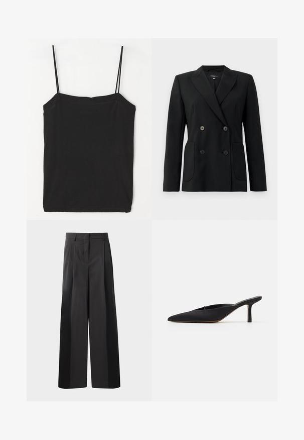 Zwarte dubbelgebreide blazer van gestructureerde stof, met notch revers, twee voord pockets en vier zwarte knopen.; Zwarte mouwloze camisole met dunne bandjes, gemaakt van een zachte katoenmix, met een rechte halslijn en een aansluitende silhouet.; Zwarte wijde broek met hoge taille, met voorplooien, een gladde textuur en een nette afwerking. Ontworpen voor een ontspannen pasvorm.; Zwarte muiltje met spitse neus en een strak ontwerp, gemaakt van gladde stof, met een slanke hak en open achterkant voor gemakkelijk aan- en uittrekken.