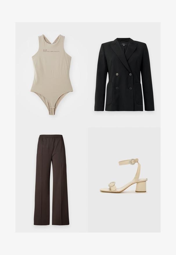 Musta kaksirivinen bleiseri, joka on valmistettu jämäkästä kankaasta ja jossa on asetelmalapelit, kaksi etutaskua ja neljä mustaa nappia.; Vaate beigen väri kaulakiinnostus, ristiselän muotoilu ja EA7 Emporio Armani -logo ruskeana rinnassa. Sujuva tekstuuri.; Laiskanlahkeat housut tummanruskeasta kankaasta, jossa on joustava vyötärö. Housuissa on sileä pinta ja siistit linjat muodikkaan ilmeen saavuttamiseksi.; Beige korkeakorkoiset sandaalit minimalistisella designilla, joissa on kaksi pyöreää yksityiskohtaa ja paksu korko. Valmistettu sileästä nahasta.
